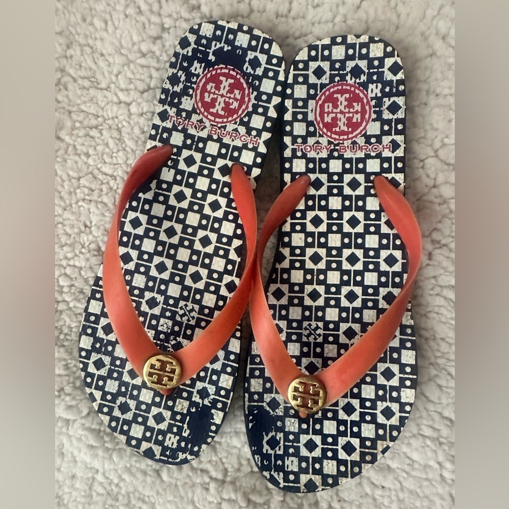 Tory Burch Navy & Orange Flip Flops Sandals Size 8 (SEE PHOTOS)